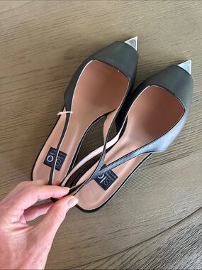 Sarto Pointed Slingback Flats in Black with Silver Toe